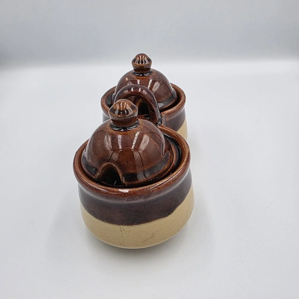 Vintage Condiment Serving Set‎ Lids Stoneware Brown Tan Pottery Double Jelly Jam